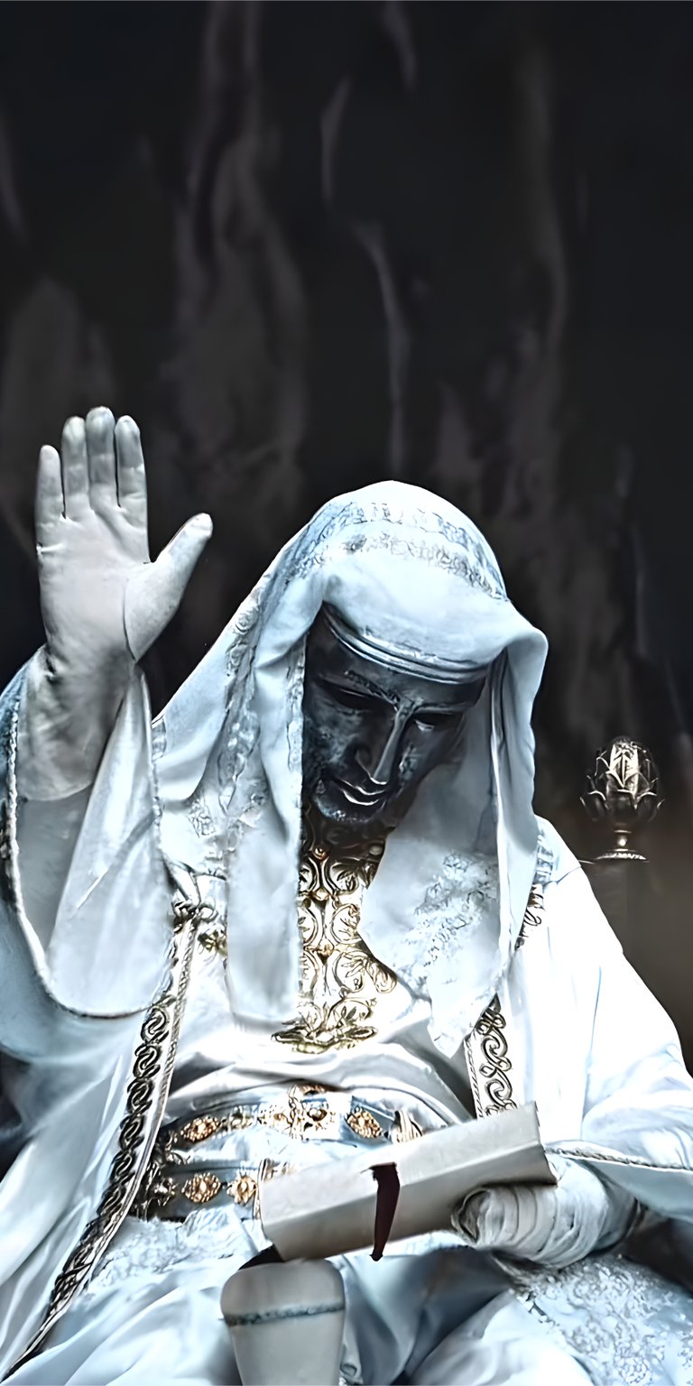 Download this Mokhtar 4K wallpaper for your iPhone, showcasing a figure in white robes holding a scroll and raising his hand. This stunning wallpaper highlights the figure's golden jewelry and the ornate details of his clothing.