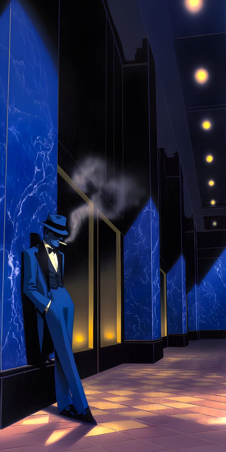 Get this stylish Blue Man 4K wallpaper for your iPhone, featuring a man in a blue suit and hat, leaning against a marble wall while smoking a cigarette. This high-definition wallpaper showcases the moody atmosphere and unique architecture.