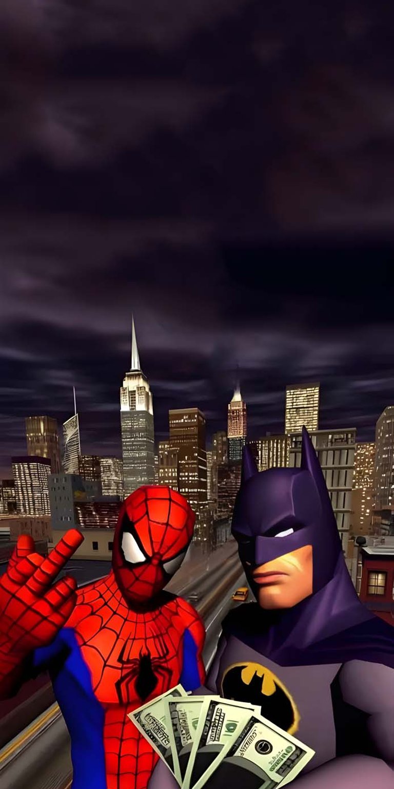 Check out this awesome Spiderman and Batman 4K wallpaper for your iPhone! Featuring a purple, cloudy skyline and cash, this wallpaper is sure to impress.