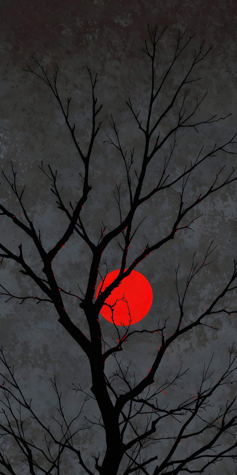 Download this captivating tree 4K wallpaper for your iPhone, featuring the silhouette of barren branches against a textured grey sky with a vibrant red moon. This moody wallpaper adds a touch of gothic beauty to your device.