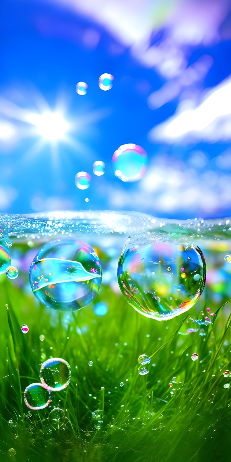 Download this mesmerizing bubbles wallpaper in stunning 4K for your iPhone! The captivating image showcases the translucent orbs floating above vibrant green grass and beneath a clear blue sky with a radiant sun.