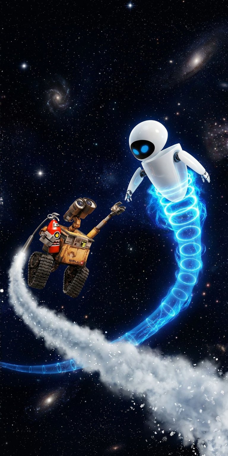 This charming 3D wallpaper showcases WALL-E and EVE floating through a cosmic nebula in deep space. Enhance your iPhone wallpaper collection with this 4K render of Pixar’s most beloved robots traveling through the stars.