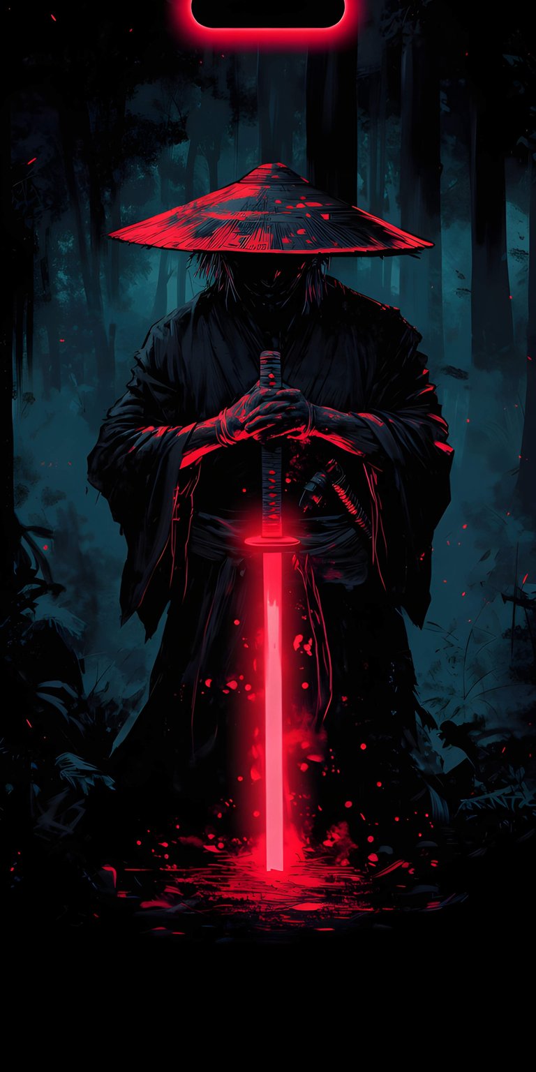 Download this stunning Samurai wallpaper in 4K for your iPhone, showcasing a mysterious figure in a wide-brimmed hat holding a glowing red katana in a dark forest. This high-resolution wallpaper will bring a touch of the ancient warrior spirit to your device.