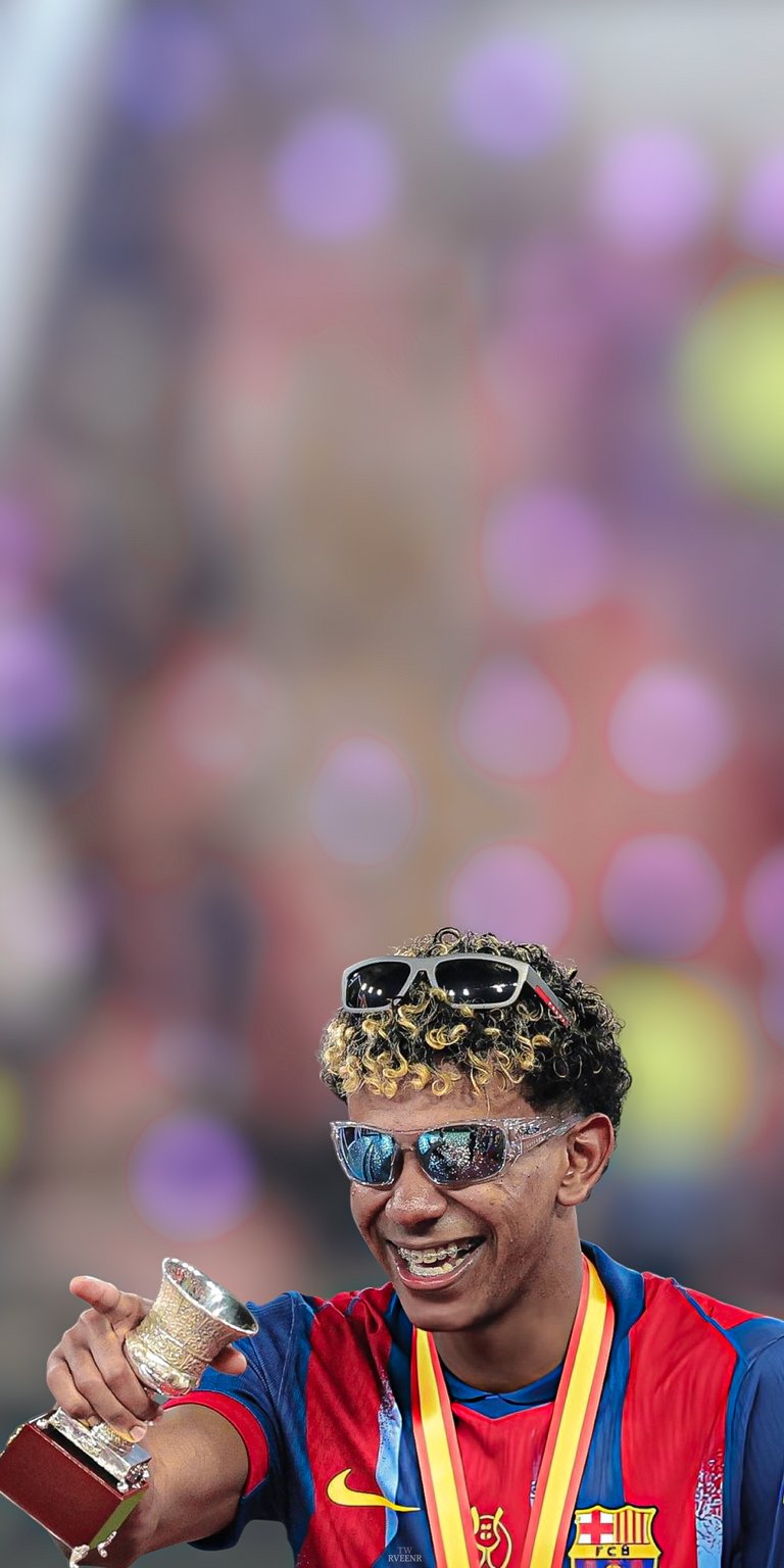 Celebrate football greatness with this 4K wallpaper of Lamine Yamal wearing his winner's medal and signature sunglasses. This vibrant iPhone live wallpaper captures the joy of a champion with colorful bokeh lights and the iconic blue and red kit.