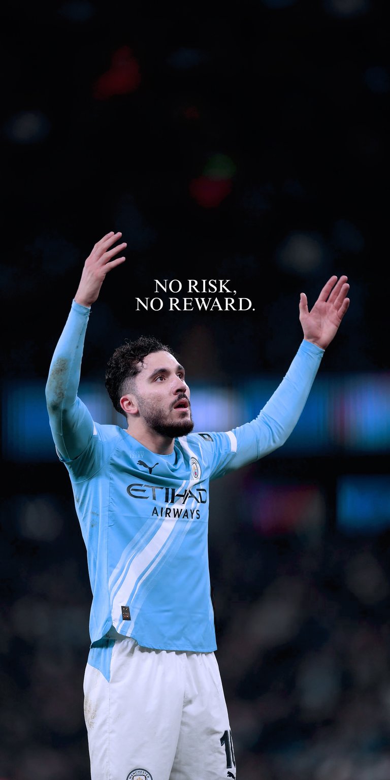 Elevate your mobile screen with this Rayan Cherki wallpaper featuring the Lyon star and a "No Risk, No Reward" motivational quote. This 4K wallpaper captures the sharp kit textures and intense stadium atmosphere, optimized specifically for a high-impact iPhone lock screen.