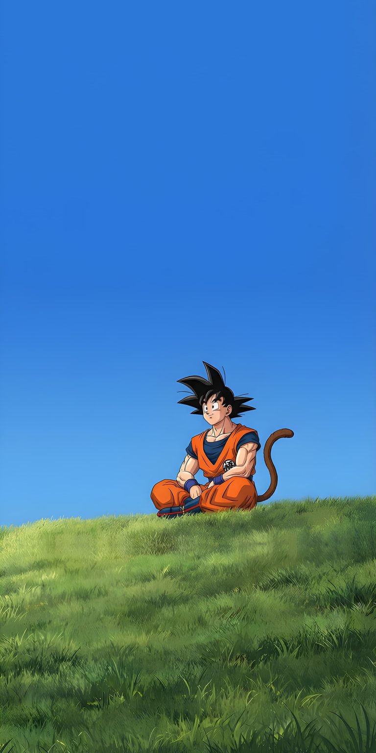 Elevate your iPhone with this serene Goku wallpaper in 4K resolution. Featuring Goku sitting peacefully on a grassy hill against a clear blue sky, this wallpaper captures the essence of tranquility.