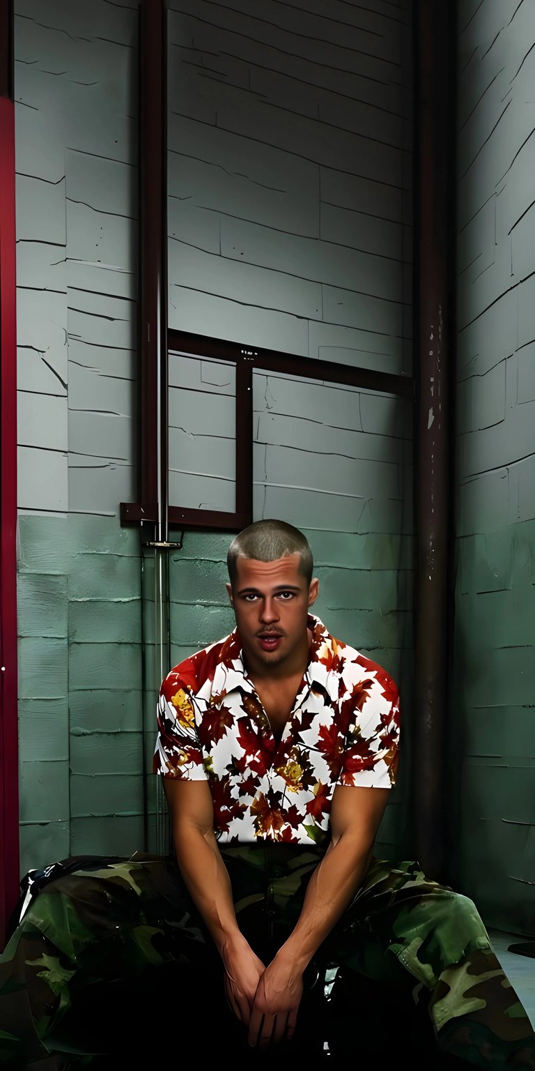 Download this striking Brad Pitt 4K wallpaper for your iPhone, showcasing him in a patterned shirt and camo pants. This wallpaper captures his intense gaze against the backdrop of the textured, industrial-style walls.