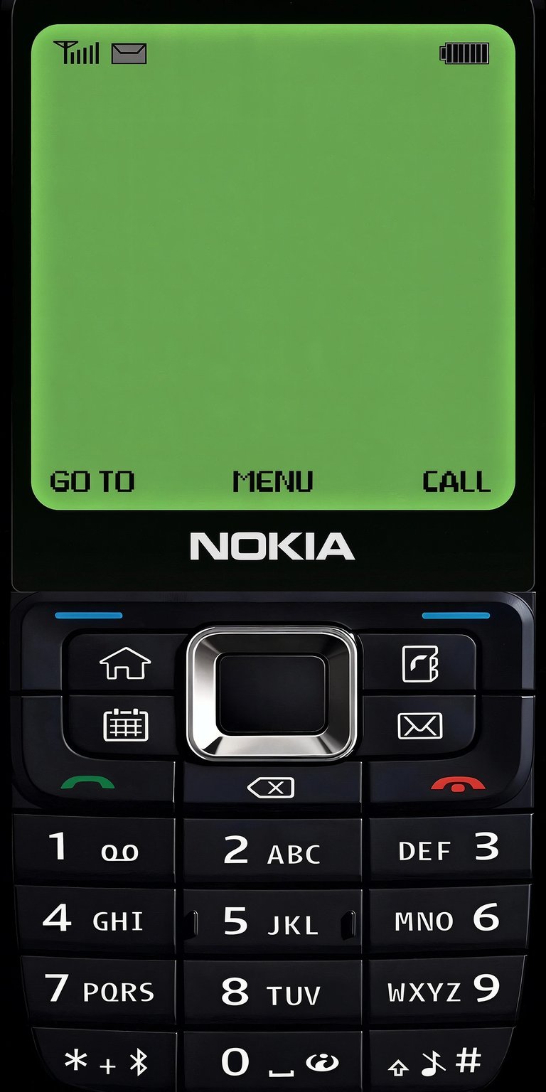 A nostalgic 4K wallpaper capturing the aesthetic of a classic Nokia mobile phone. The design features the recognizable black casing, physical keypad, and a vibrant green monochrome screen with simple 'Menu,' 'Go To,' and 'Call' options. This wallpaper is ideal for users who appreciate retro technology, vintage mobile phones, or a unique Y2K and minimalist aesthetic.
