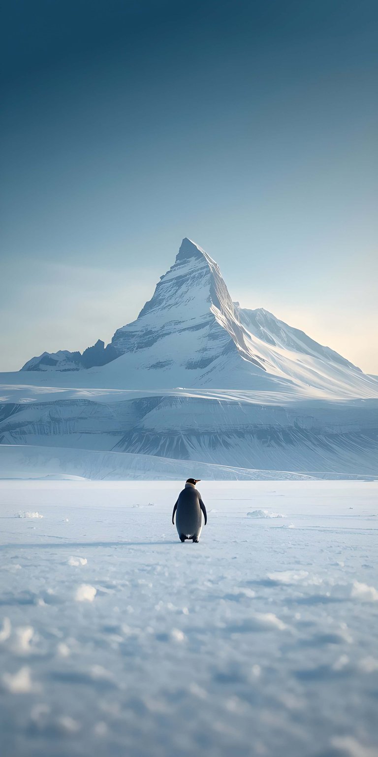 Download this stunning 4K wallpaper of a lone penguin standing in a vast, icy landscape for your iPhone. The towering snow-capped mountain and clear blue sky make this penguin wallpaper a captivating addition to your device.