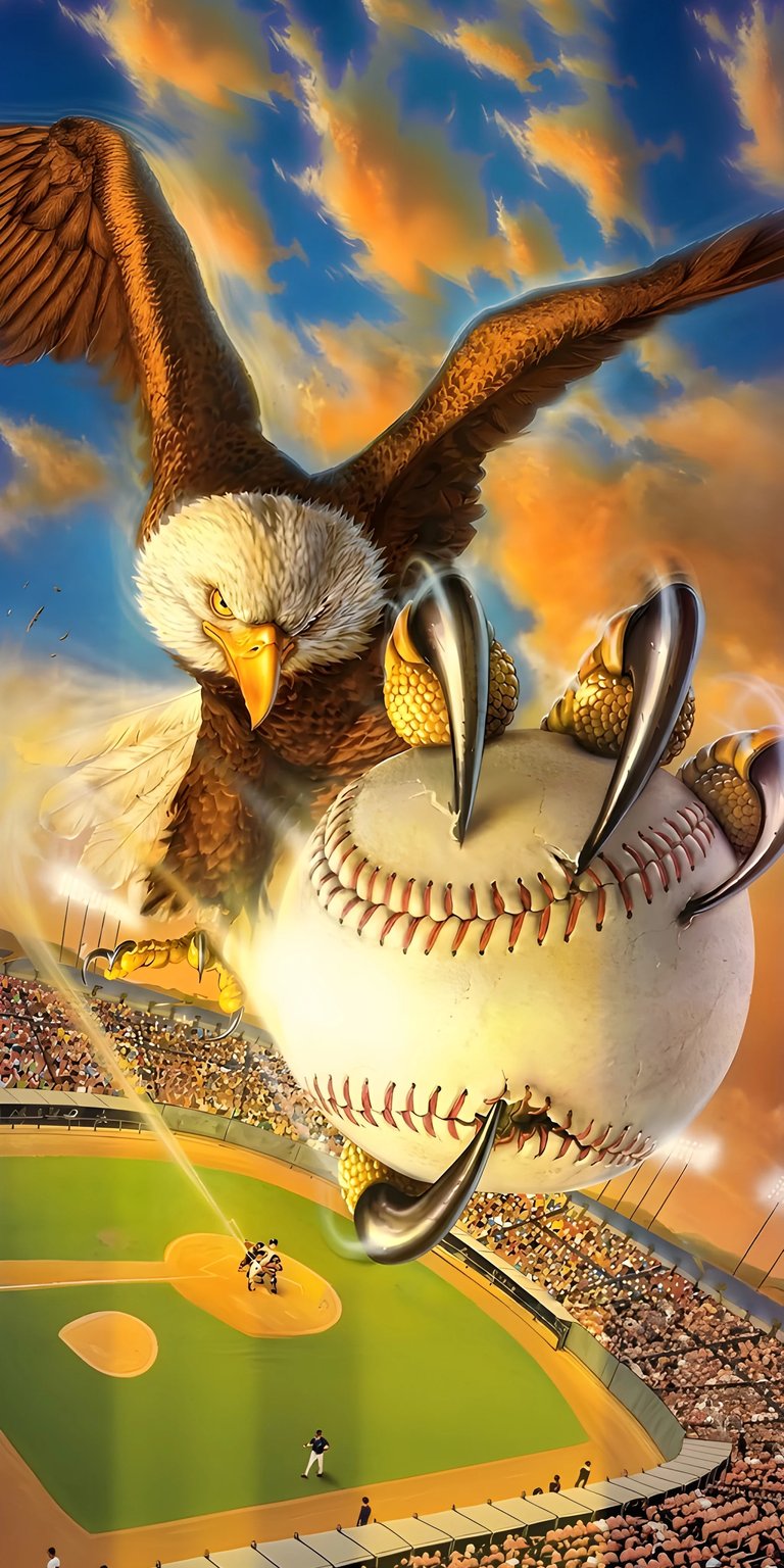A dynamic 3D wallpaper featuring a powerful eagle gripping a baseball above a packed stadium. This high-energy iPhone wallpaper uses warm sunset lighting and detailed textures to stand out.