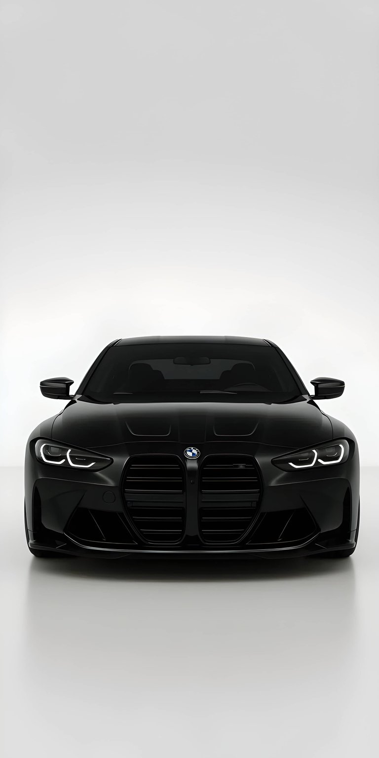 This sleek BMW M4 4K wallpaper features a murdered-out aesthetic perfect for OLED and AMOLED screens. The high-contrast mobile background showcases the aggressive front grille and signature LED headlights against a clean, minimalist white studio backdrop.