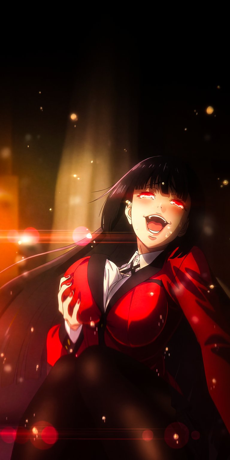 This intense Kakegurui Yumeko Mashoo 4K wallpaper captures the character's signature maniacal expression with glowing red lighting and deep cinematic shadows. It is a high-impact mobile wallpaper designed to bring a dark, gambling-obsessed aesthetic to your iPhone lock screen.