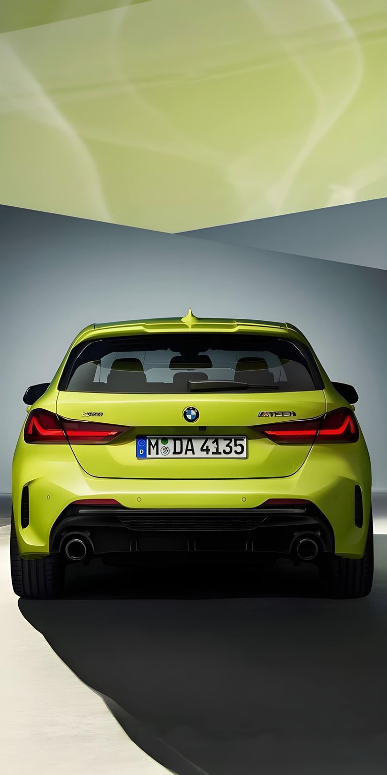 BMW M240i 4K wallpaper featuring a bold rear stance, neon green paint, and sharp LED taillights against a dark studio background. This aesthetic wallpaper is perfect for iPhone lock screen and home screen setups that highlight sporty performance.
