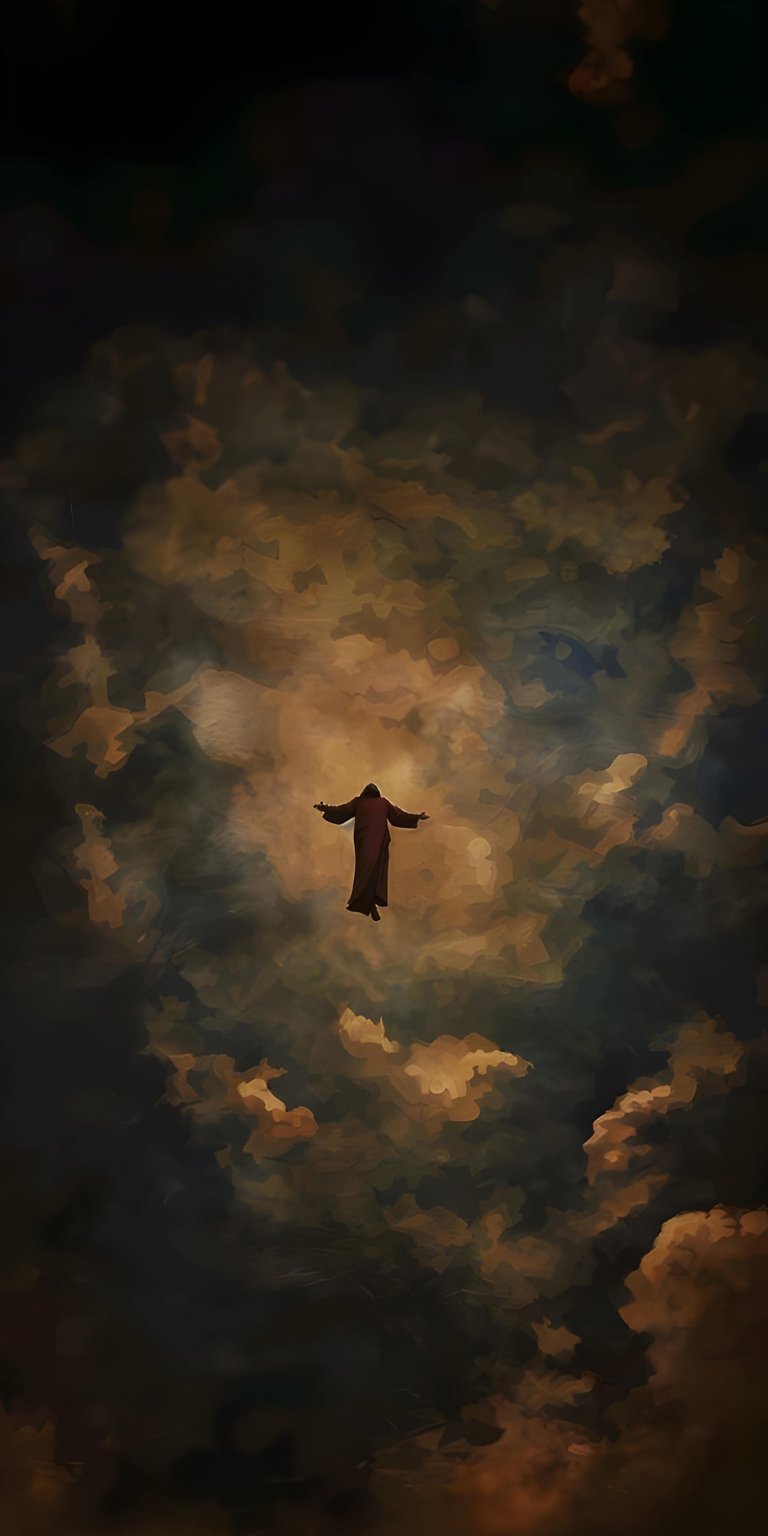 Download this stunning Jesus wallpaper in 4K for your iPhone, featuring a figure with outstretched arms floating amidst swirling brown clouds. This wallpaper showcases a unique blend of dark and light elements for a visually captivating experience.