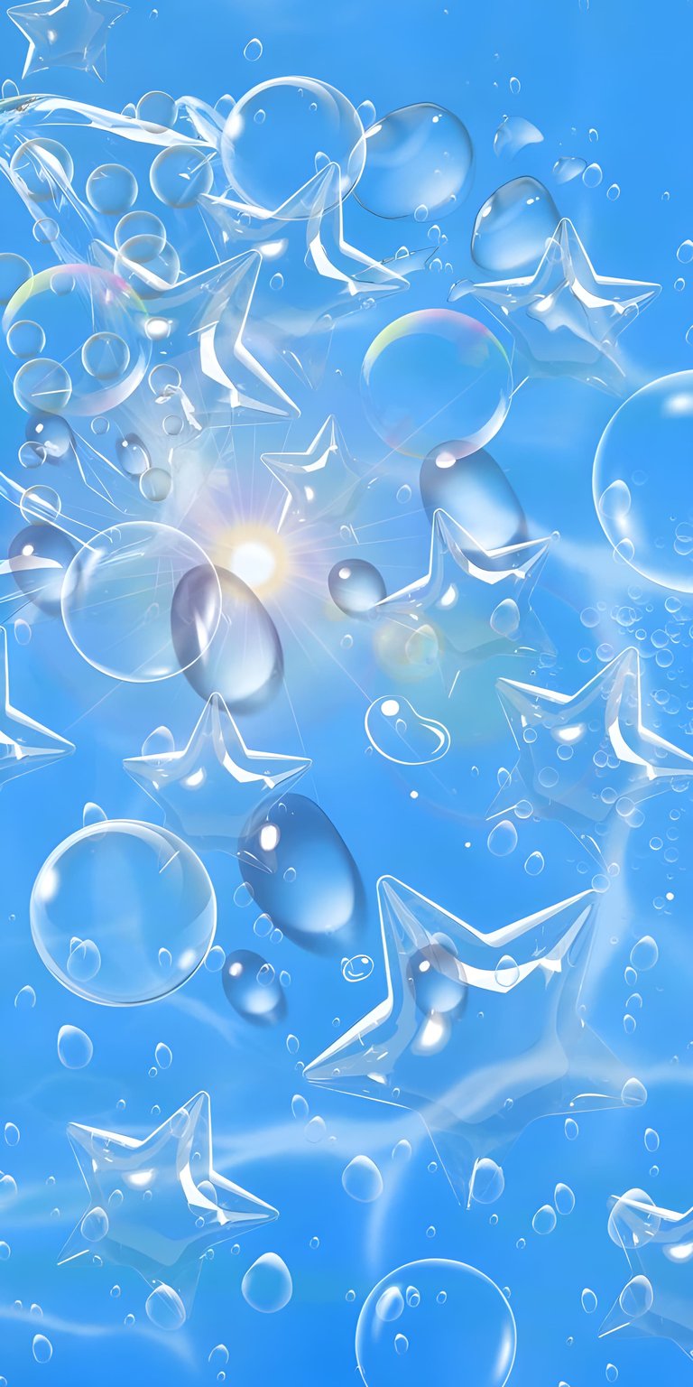 Download this stunning Stars and Bubbles 4K wallpaper for your iPhone today. This wallpaper features a blue sky background with transparent stars, bubbles, and water droplets.