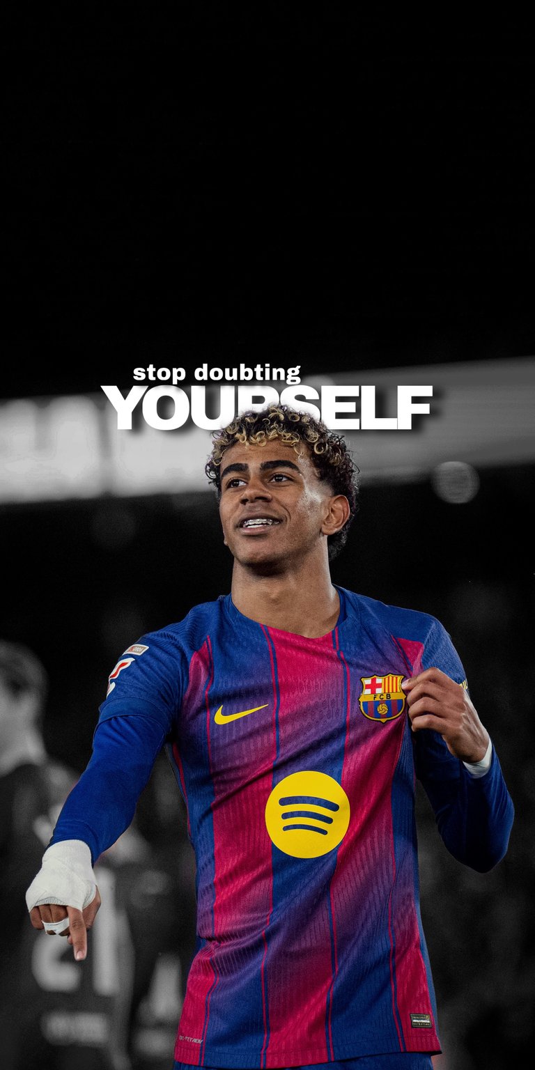 This 4K Aesthetic wallpapers choice features Lamine Yamal in his Barcelona kit for your iPhone. The wallpaper highlights vibrant blue and garnet colors against a dark, high-contrast stadium background with motivational text.