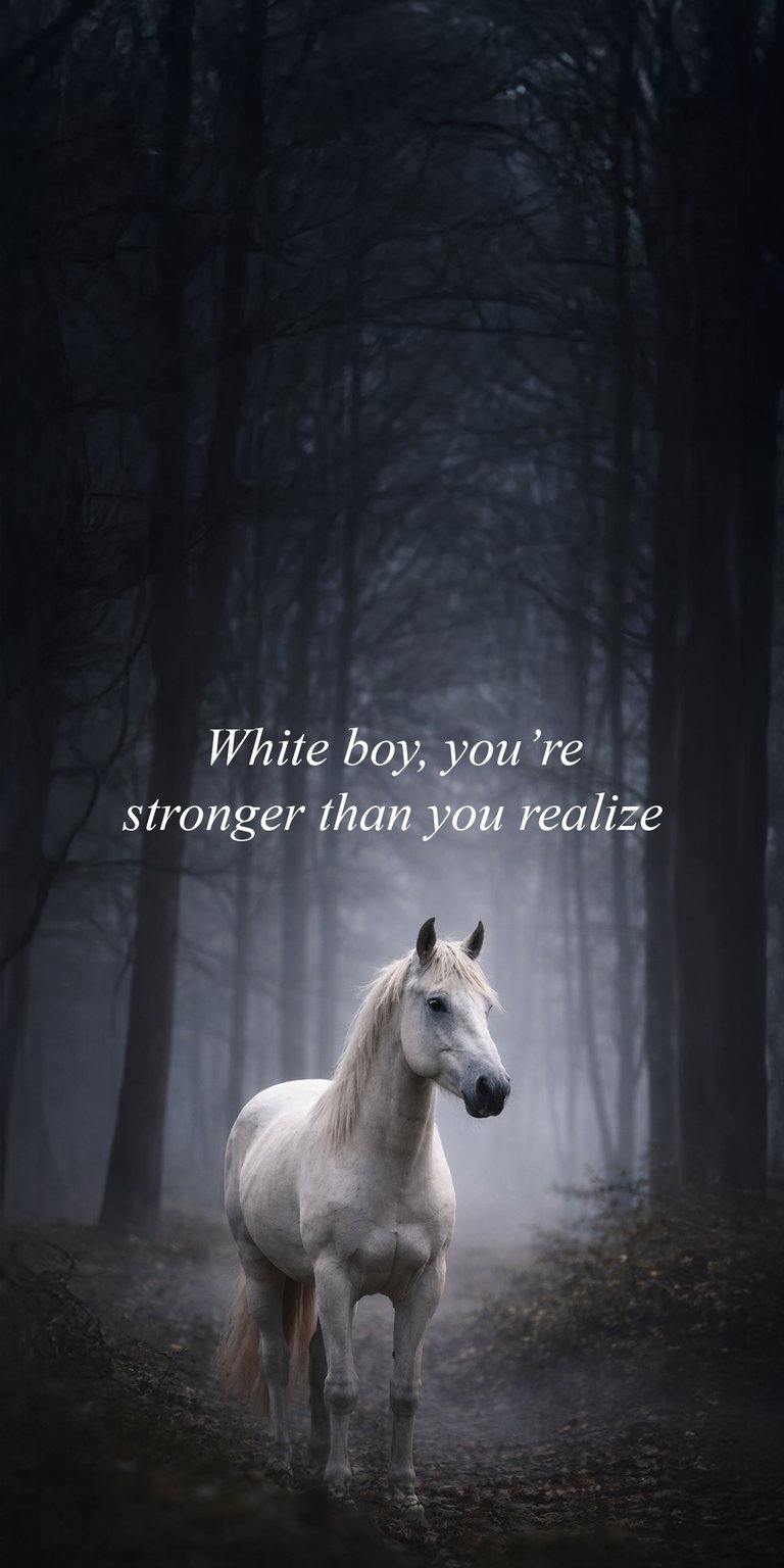 This 4K wallpaper for iPhone features a majestic white horse standing in a misty, dark forest. It is a perfect choice for those seeking aesthetic wallpapers with high contrast and a moody, atmospheric depth.