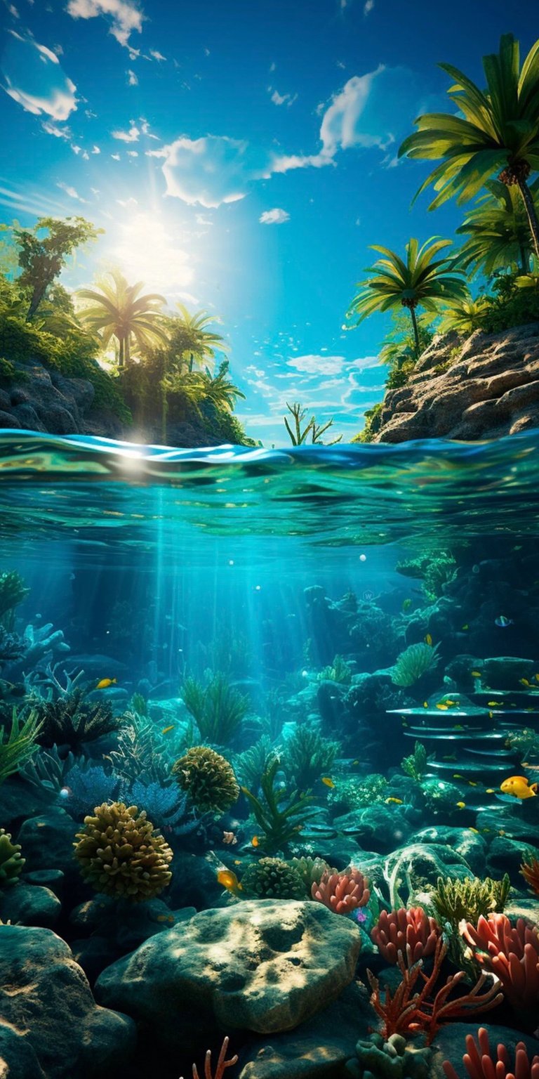 Refresh your device with this split-view 4K wallpaper showing a tropical island and a vibrant underwater coral reef. This mobile wallpaper captures crystal clear turquoise water and detailed sea life for a refreshing 3D depth effect.