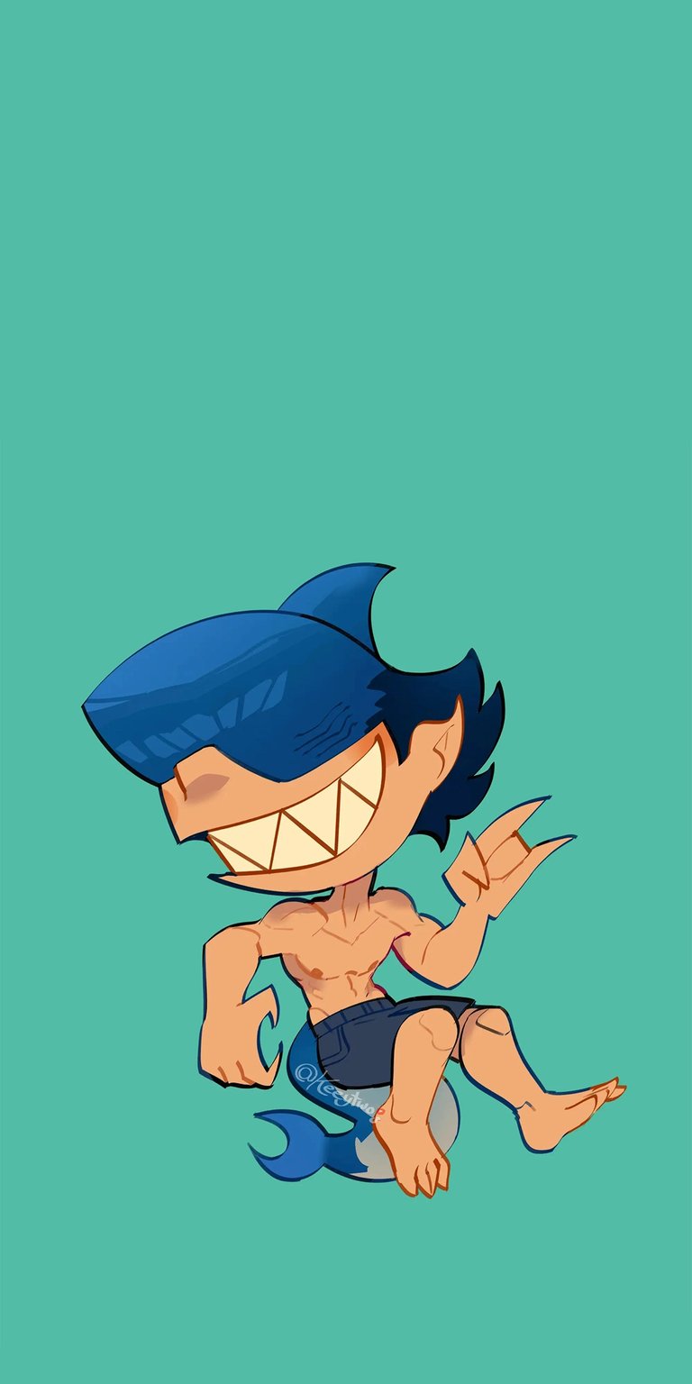 Get this awesome Shark Leon wallpaper for your iPhone, available in stunning 4K resolution. This wallpaper showcases a cartoon-style character with a shark head, a mischievous grin revealing sharp teeth, and a tail accessory.
