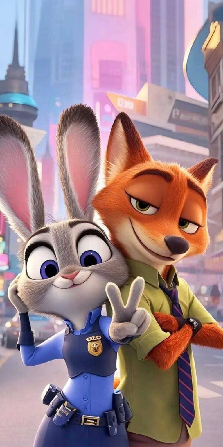 Download this Zootopia 4K wallpaper for your iPhone, showcasing Judy Hopps flashing a peace sign and Nick Wilde with a sly grin. This vibrant wallpaper captures the duo against a backdrop of Zootopia's skyline.