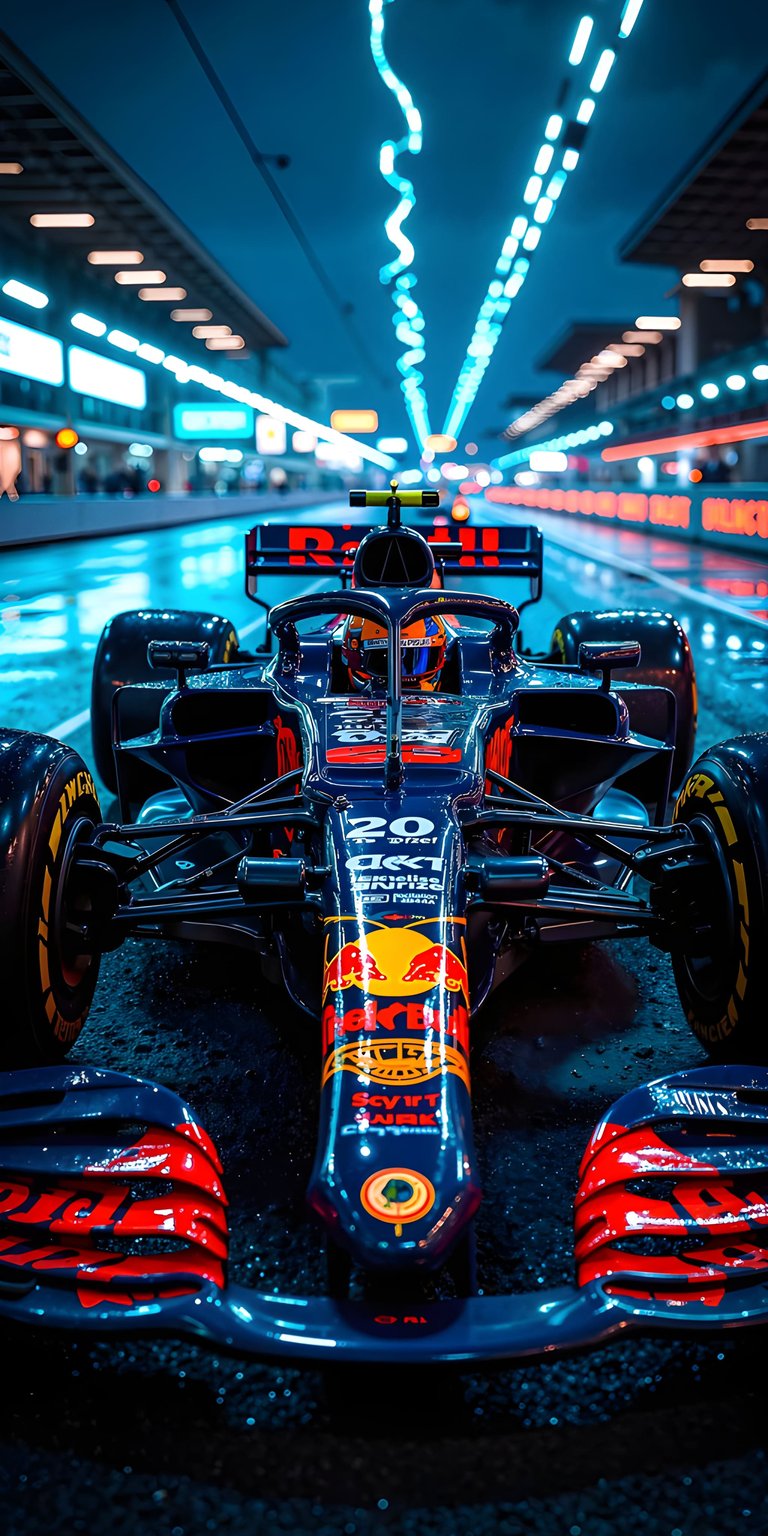 This 4K Aesthetic wallpapers feature showcases a Formula 1 racing car under glowing neon lights for your iPhone. The wallpaper highlights electric blue light trails and high-gloss reflections against a dark, moody track.