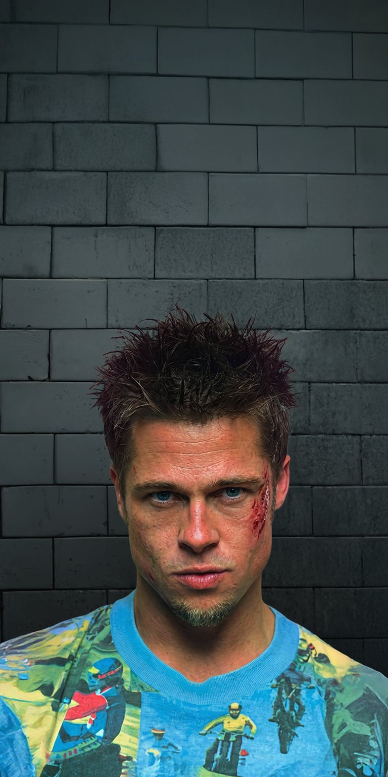 An intense 4K vertical wallpaper showing Tyler Durden (Brad Pitt) immediately after a fight. His face is bruised, bloodied, and covered in sweat, yet he maintains an unsettling, determined gaze. The bright green and yellow accents on his t-shirt contrast with the dark background, highlighting the visceral nature of the fight club.