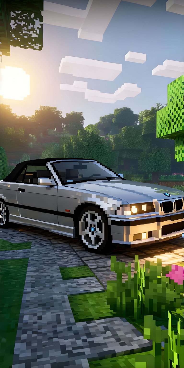 This 4K wallpaper features a highly detailed silver BMW E36 convertible rendered within a vibrant Minecraft landscape. Designed for iPhone, this aesthetic wallpaper captures a serene sunset glow reflecting off the blocky environment and the car’s sleek chassis.