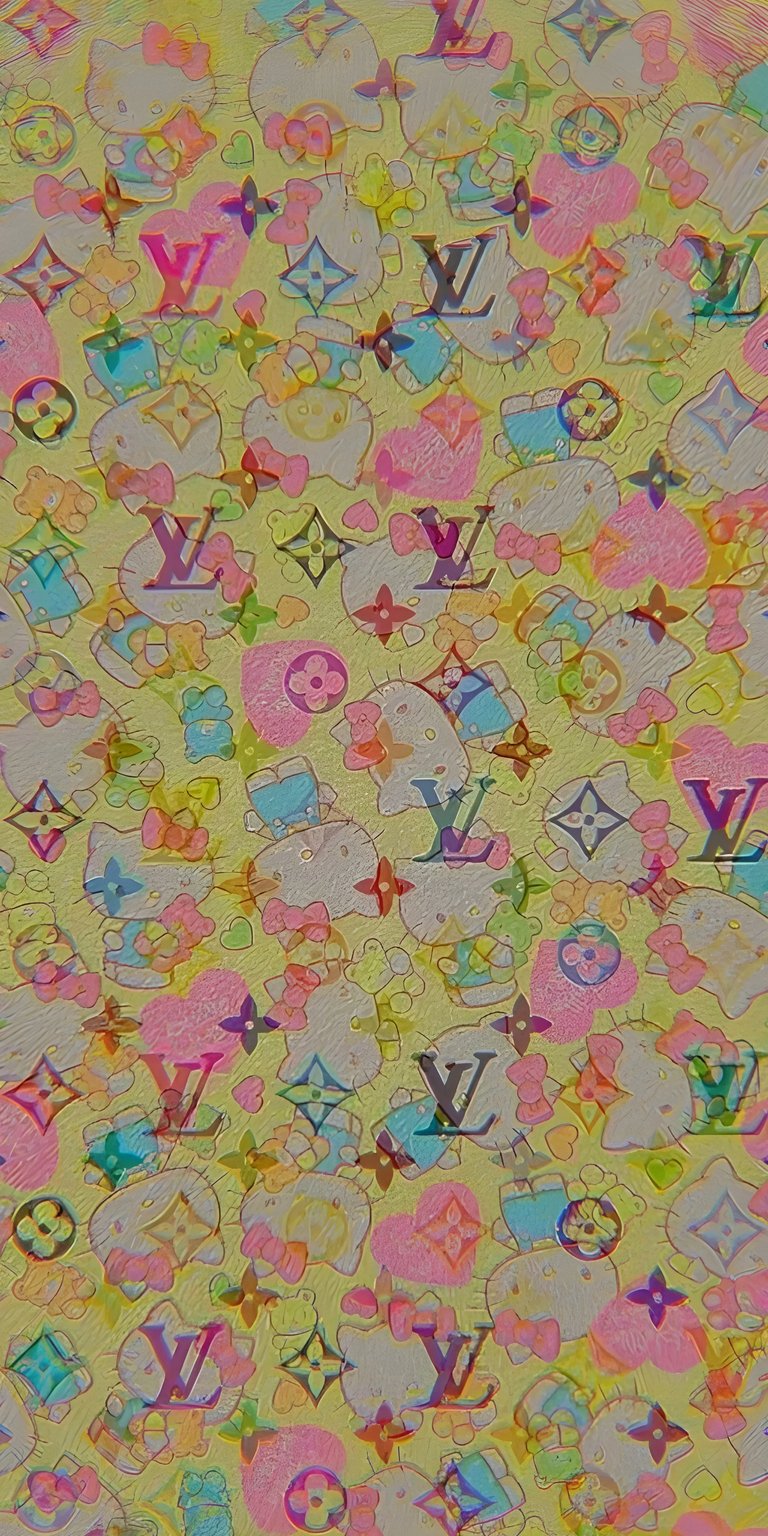 Download this Hello Kitty 4K wallpaper for your iPhone, featuring a whimsical pattern of Hello Kitty faces, pink hearts, and Louis Vuitton logos. This wallpaper has a soft, yellow background.