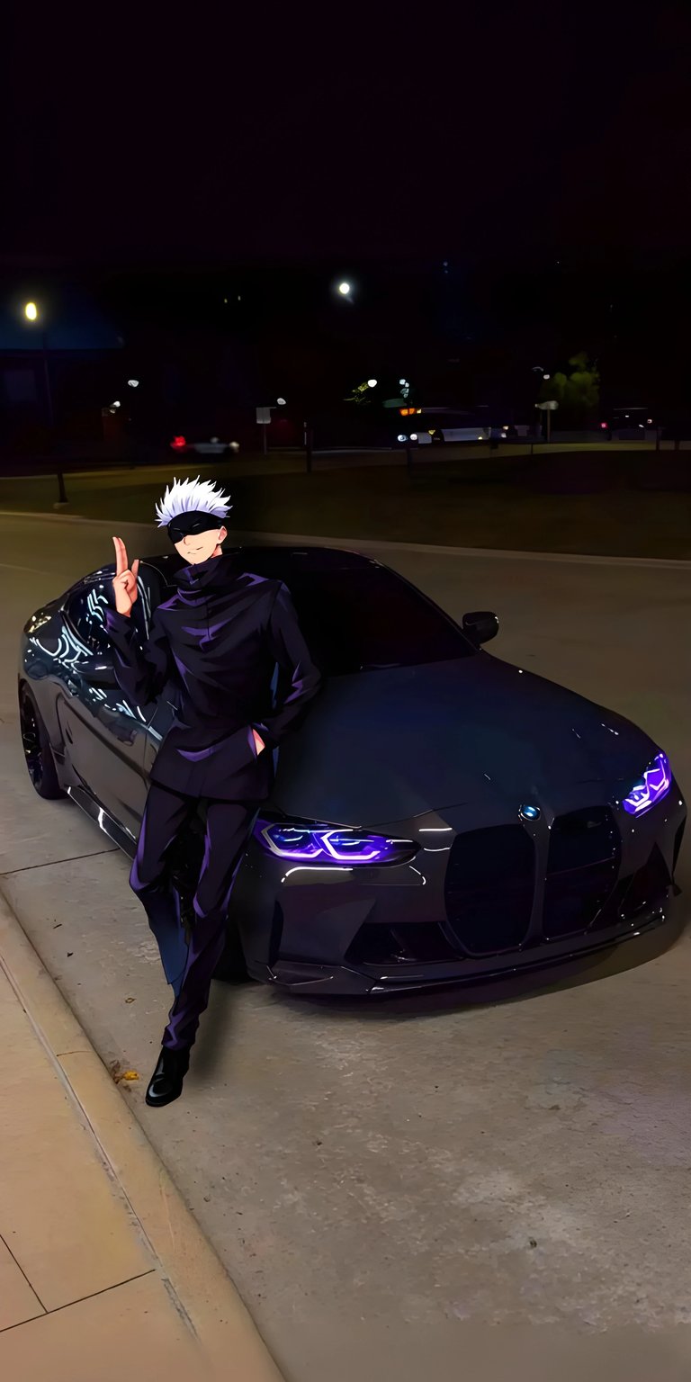 Download this Gojo 4K wallpaper for your iPhone, featuring a black-clad character with white hair leaning against a black BMW with glowing purple headlights. This wallpaper captures a cool, modern aesthetic perfect for your mobile device.