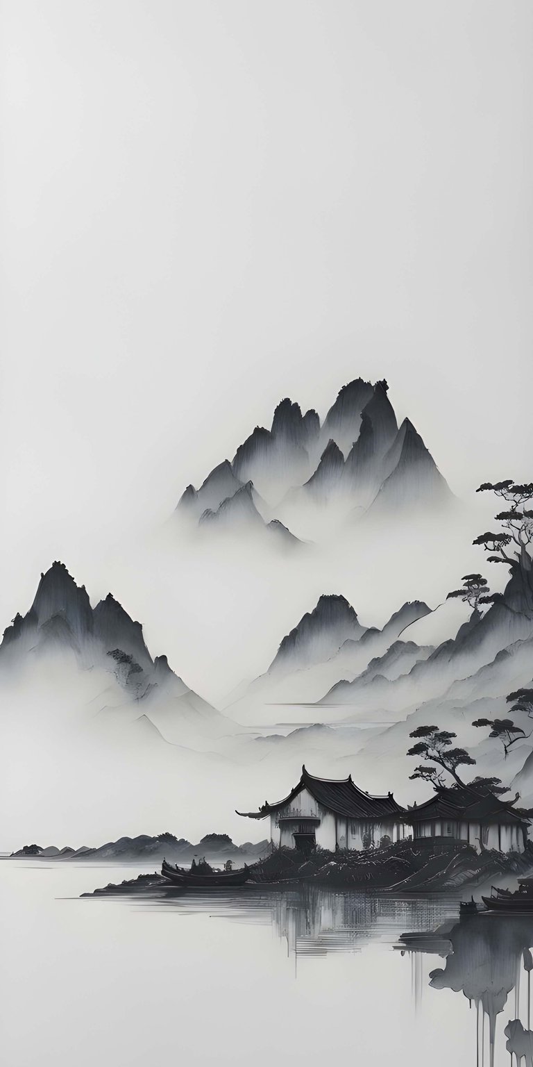 Download this landscape painting 4K wallpaper for your iPhone, showcasing foggy mountains and a traditional house. This serene wallpaper features reflective water and distant mountains.