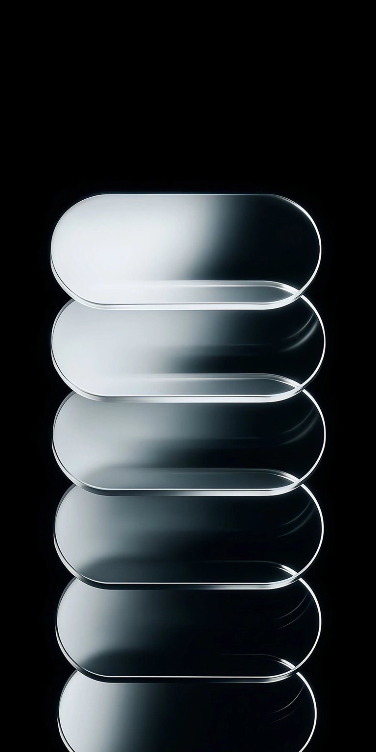 Download this abstract stack 4K wallpaper for your iPhone, showcasing a series of stacked, rounded glass rectangles. The stunning wallpaper features gradient lighting effects that create a mesmerizing display against the solid black background.