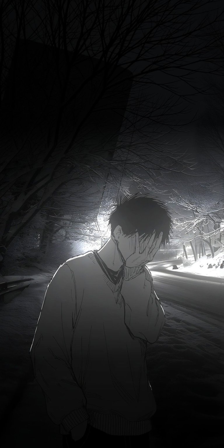 This somber 4K wallpaper captures a sad boy in distress, perfect for your iPhone. The stark contrast against the dimly lit background and wintery trees intensifies the raw emotion.