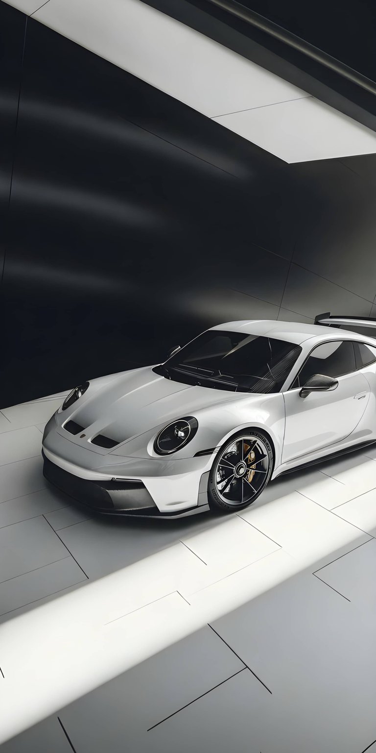 This high-contrast Porsche 911 GT3 4K wallpaper features the iconic sports car in a sleek, minimalist showroom setting. Designed specifically for iPhone, this OLED / AMOLED wallpaper highlights the sharp lines of the white chassis against a deep black background.