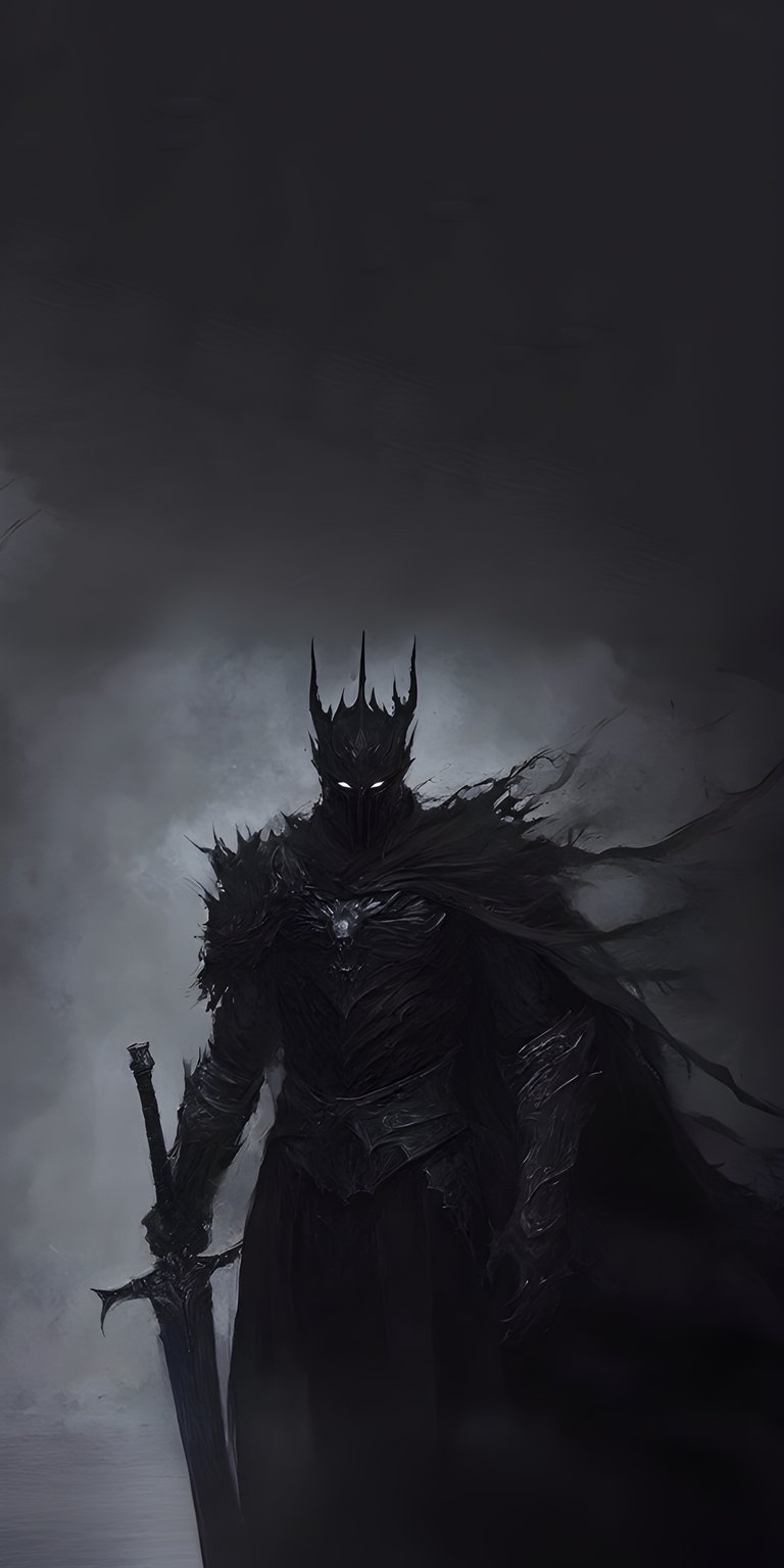 Download this Sauron 4K wallpaper for your iPhone, showcasing the dark lord in detailed armor and a spiked crown. This striking wallpaper captures Sauron wielding his sword against a smoky backdrop.