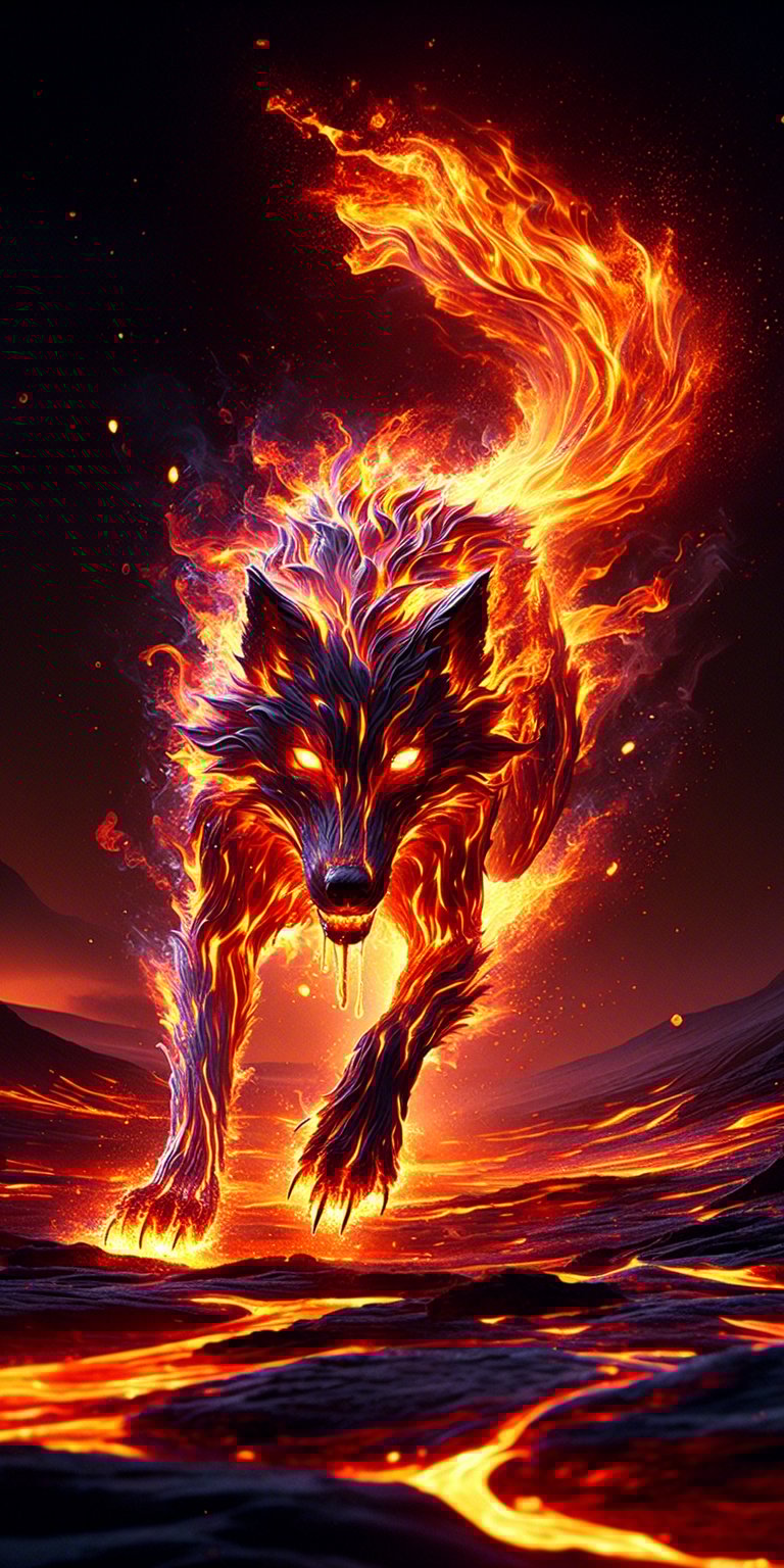 Burning wolf running through the lava wallpapers
