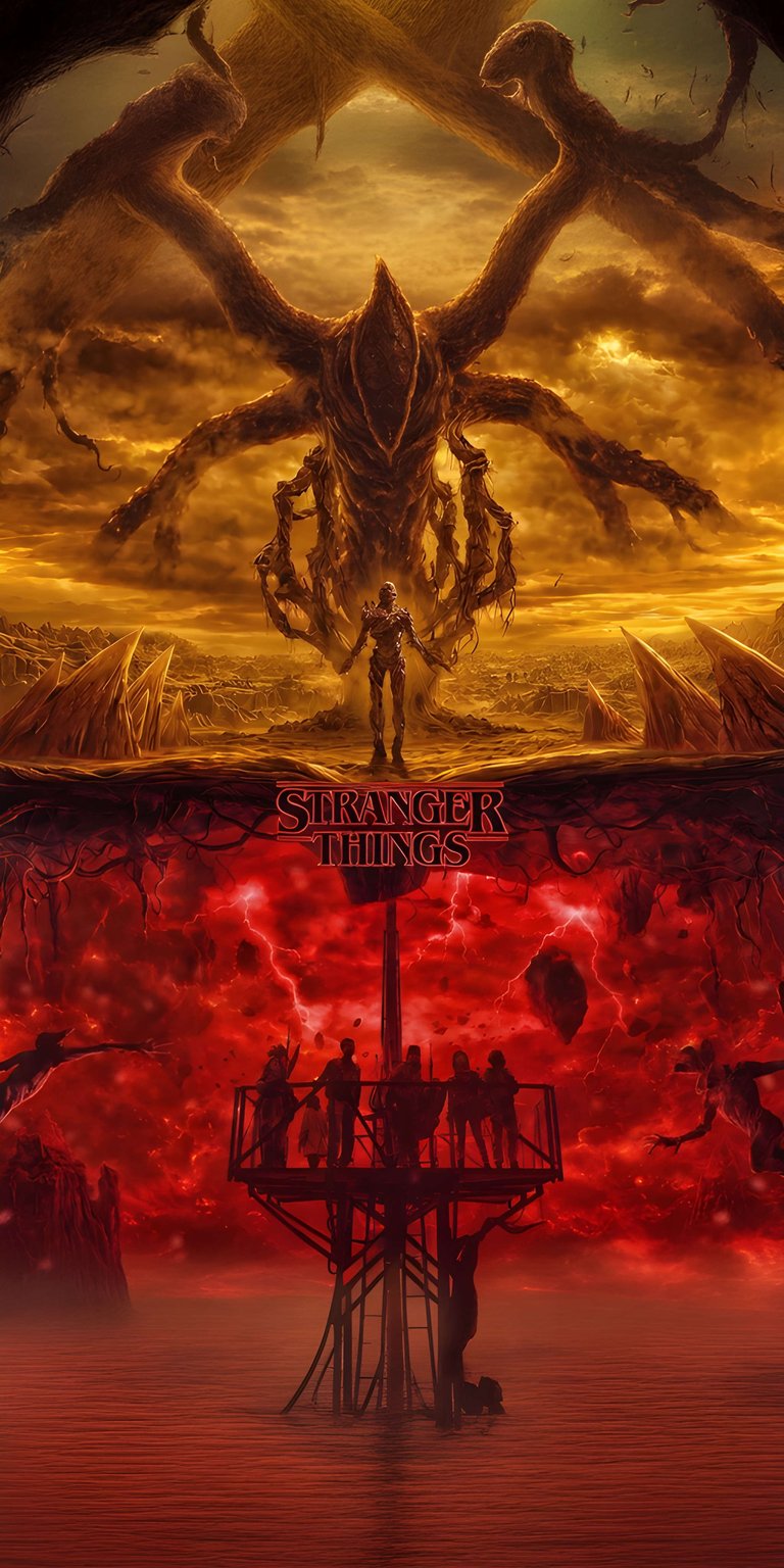 Download this Stranger Things wallpaper in 4K for your iPhone, showcasing Vecna and the Upside Down. This stunning wallpaper features the Mind Flayer's tentacles, a group on a red, hellish platform, and a mysterious figure standing before Vecna.