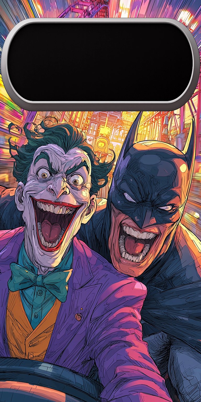 Download this Batman and Joker 4K wallpaper for your iPhone! This wallpaper shows the two villains in a selfie with rainbow hair and bow tie.