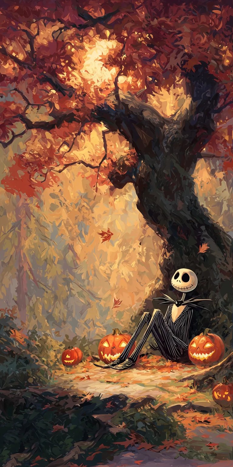 Jack Skellington under the tree with pumpkins iPhone wallpaper 4K