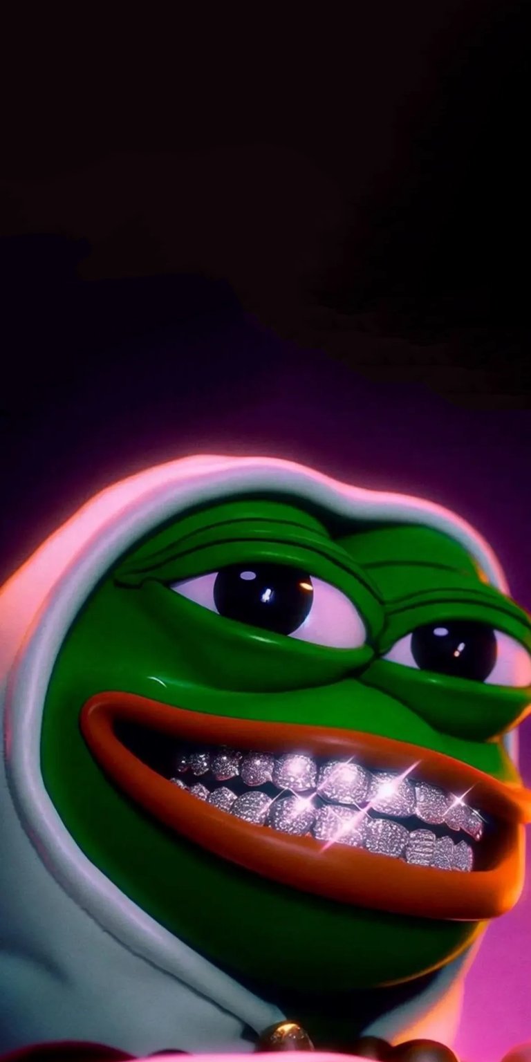 This iPhone wallpaper features a vibrant 4K image of Pepe the Frog sporting diamond-studded teeth and a cozy white hood. Download this eye-catching wallpaper for your phone today!