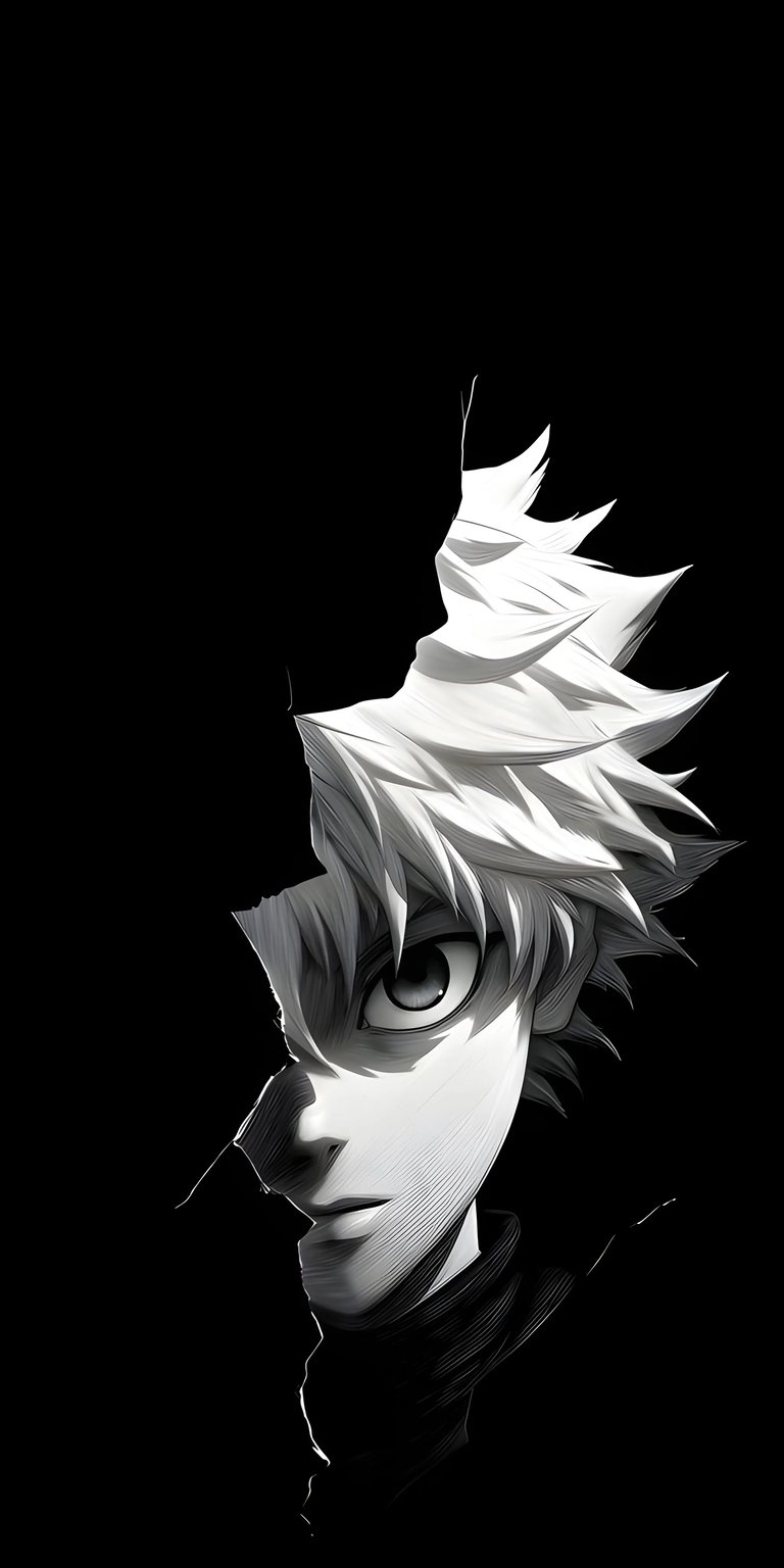 This striking black and white 4K wallpaper features Killua Zoldyck from Hunter x Hunter in a high-contrast, dramatic manga style. Give your iPhone a bold look with this anime wallpaper highlighting Killua’s signature spiky hair and intense expression.