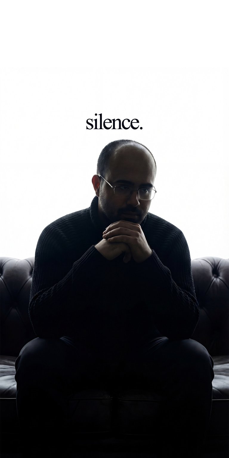 Danny Slicer Silence Text Static wallpaper featuring a minimalist composition with a clean white background and deep shadow lighting. This minimalist wallpaper for iPhone highlights a seated portrait in a dark sweater with clasped hands and bold “silence.” text above, creating a calm and dramatic lock screen or home screen look.