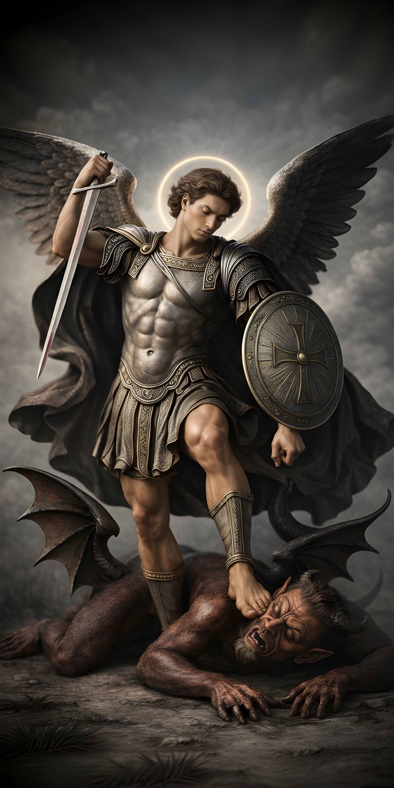 Saint Michael 4K wallpaper featuring detailed armor, large dark wings, and a defeated demon beneath his feet. This wallpaper looks powerful on iPhone and stands out among dramatic aesthetic wallpapers with its divine battle scene.