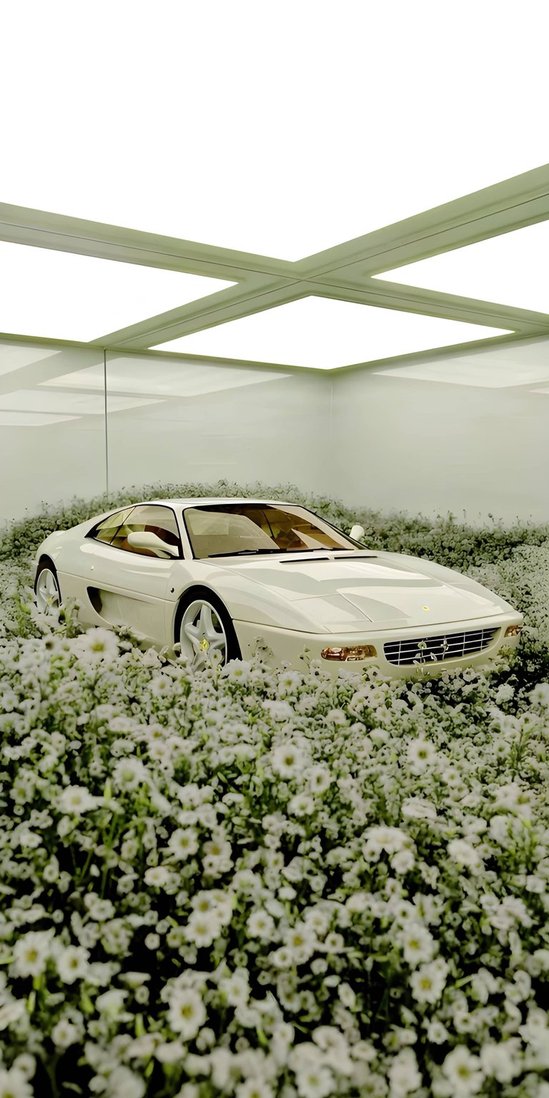 Download this sleek Ferrari 4K wallpaper for your iPhone, showcasing a pristine white sports car nestled in a field of daisies, under a modern, cross-beamed lighting fixture. Get this stunning wallpaper today!