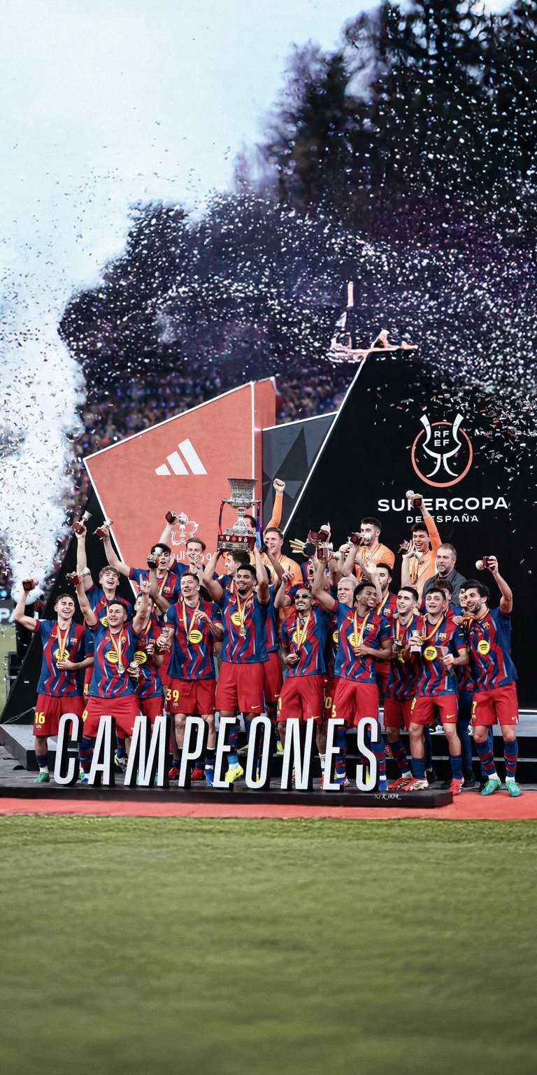Celebrate FC Barcelona's Supercopa victory with this vibrant 4K wallpaper for your iPhone, showcasing the team with confetti falling and gold medals around their necks. This dynamic wallpaper captures the team lifting the trophy against the backdrop of the Supercopa de Espana logo.