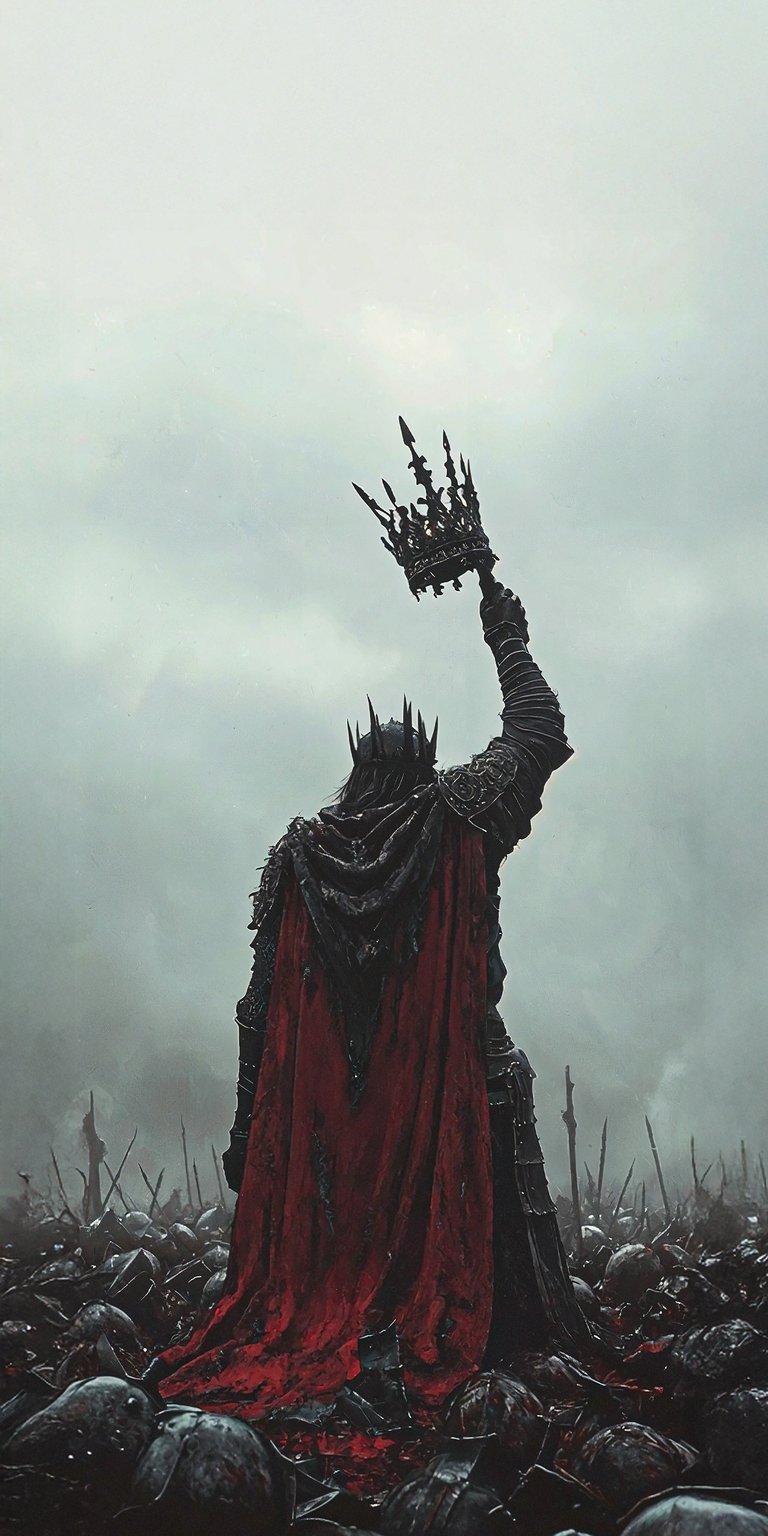 Download this stunning Sauron 4K wallpaper for your iPhone, showcasing the fallen king raising his spiked crown amidst a sea of helmets, while wearing a striking red cape. This amazing wallpaper brings a powerful and dramatic aesthetic to your device.