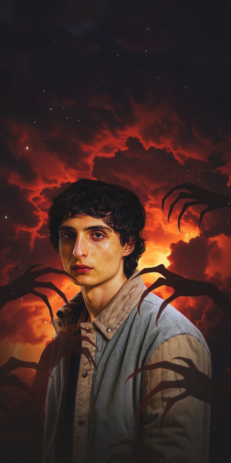 Download this striking Mike Wheeler 4K wallpaper for your iPhone, showcasing a fiery sky backdrop. The wallpaper features sinister claw-like shadows reaching towards him, creating a dramatic and intense visual.