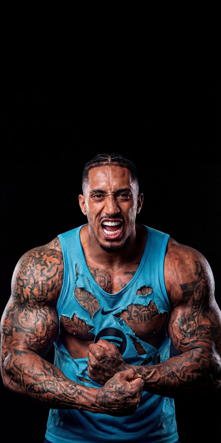 Get pumped up with this 4K wallpaper featuring Percival Badoni, showcasing his intense expression and prominent arm tattoos, perfect for your iPhone. This striking wallpaper also highlights his ripped, light blue tank top, adding a dynamic edge to your device.