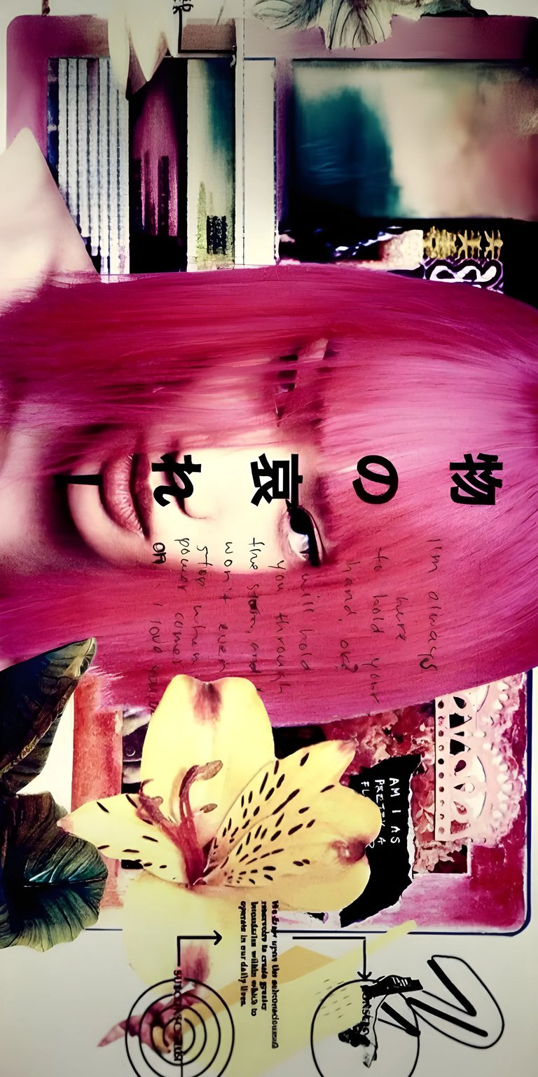 This aesthetic pink-haired wallpaper is perfect for your iPhone in stunning 4K resolution. The artistic collage features a bright flower and handwritten notes, creating a dreamy, surreal wallpaper.