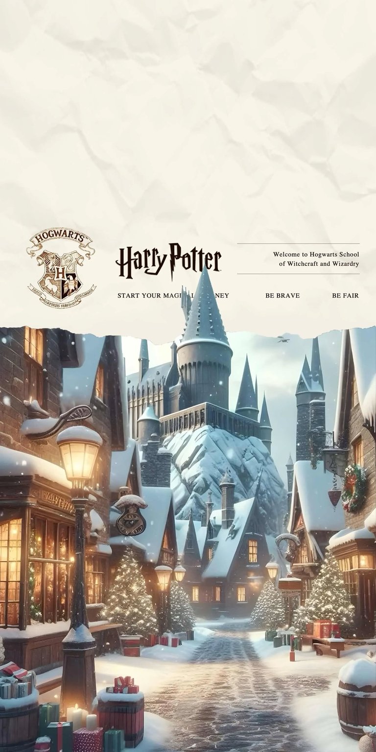 Download this stunning Harry Potter wallpaper in 4K for your iPhone, showcasing Hogwarts in a snowy village. Notice the lit lamp posts and the Christmas decorations hung on the building.