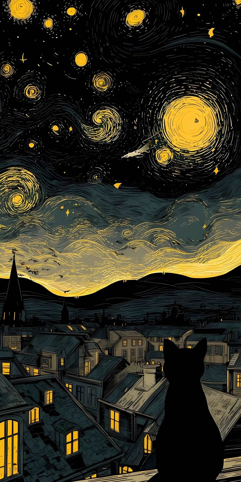 Cat starry night aesthetic wallpapers illustrated as a cinematic cityscape wallpaper for iPhone. This wallpaper features glowing yellow stars, deep midnight blues, and flowing hand-drawn textures that create a dreamy, storybook mood.